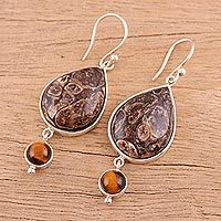 Turritella agate and tiger's eye dangle earrings, 'Earthy Allure' - Turritella Agate and Tiger's Eye Dangle Earrings