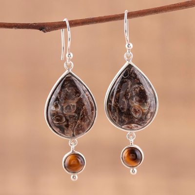Turritella agate and tiger's eye dangle earrings, 'Earthy Allure' - Turritella Agate and Tiger's Eye Dangle Earrings