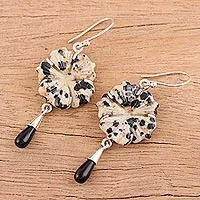 Jasper and onyx dangle earrings, 'Spotted Allure' - Dalmatian Jasper and Onyx and Silver Dangle Earrings