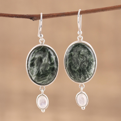 Pendientes colgantes de piedra lunar y serafinita arcoíris - Pendientes colgantes de piedra lunar y serafinita verde ovalada