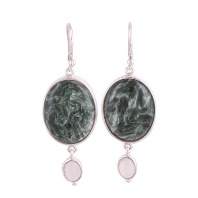 Seraphinite and rainbow moonstone dangle earrings, 'Forest Spell' - Oval Green Seraphinite Stone and Moonstone Dangle Earrings