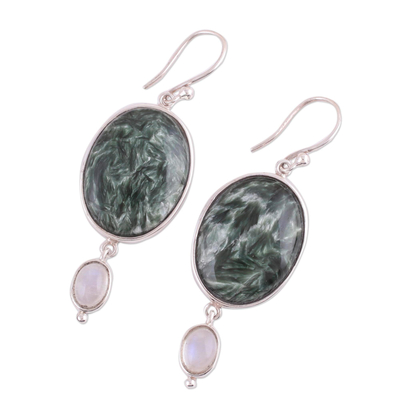 Seraphinite and rainbow moonstone dangle earrings, 'Forest Spell' - Oval Green Seraphinite Stone and Moonstone Dangle Earrings