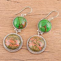 Pendientes colgantes de unakita, 'Forest Muse' - Pendientes colgantes de unakita rosa y verde y plata