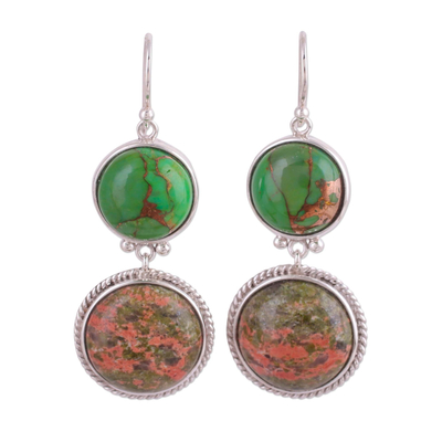 Unakite dangle earrings, 'Forest Muse' - Pink and Green Unakite and Silver Dangle Earrings