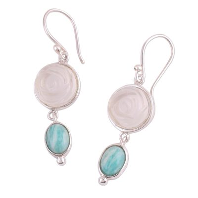Rose Motif Earrings with White Agate and Amazonite