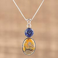 Lapis lazuli and jasper pendant necklace, 'Shy Rose' - Bumblebee Jasper and Lapiz Lazuli Rose Necklace