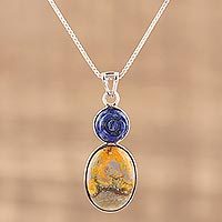 Lapis lazuli and jasper pendant necklace, 'Shy Rose' - Bumblebee Jasper and Lapiz Lazuli Rose Necklace