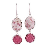 Quartz and dolomite dangle earrings, 'Rose Blush' - Handmade Quartz and Dolomite Sterling Silver Dangle Earrings