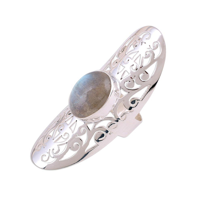 Labradorite cocktail ring, 'Jali Floral Mist' - Ornate Sterling Silver Jali and Labradorite Cocktail Ring