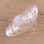 Moonstone cocktail ring, 'Jali Floral Mist' - Ornate Sterling Silver Jali and Moonstone Cocktail Ring