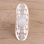 Moonstone cocktail ring, 'Jali Floral Mist' - Ornate Sterling Silver Jali and Moonstone Cocktail Ring