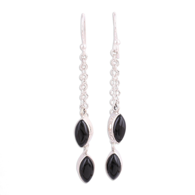 Onyx dangle earrings, 'Midnight Seeds' - Black Onyx and Sterling Silver Dangle Earrings from India