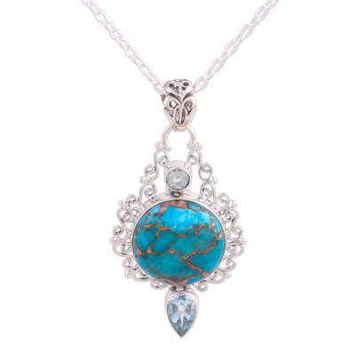 Blue topaz pendant necklace, 'Blue Charm of the Sky' - Blue Topaz and Composite Turquoise Earrings from India