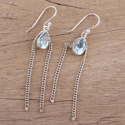 Blue topaz dangle earrings, 'Sky Chains' - Teardrop Blue Topaz Dangle Earrings from India