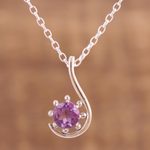 Amethyst pendant necklace, 'Flower Hook' - Amethyst and Sterling Silver Pendant Necklace from India
