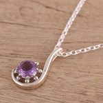 Amethyst pendant necklace, 'Flower Hook' - Amethyst and Sterling Silver Pendant Necklace from India