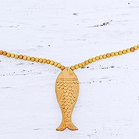 Wood pendant necklace, 'Swimming Carp'