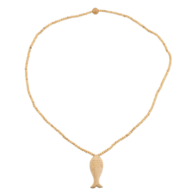 Wood pendant necklace, 'Swimming Carp' - Unisex Fish Pendant Necklace Carved from Wood