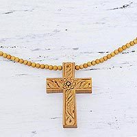 Wood cross pendant necklace, 'Natural Faith'