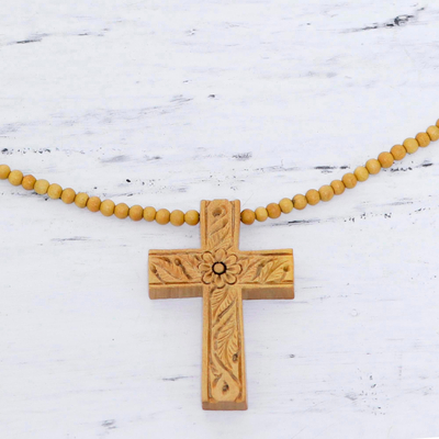 Wood cross pendant necklace, 'Natural Faith' - Wooden Cross Pendant Necklace from India
