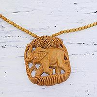 Wood pendant necklace, 'Forest Elephant'