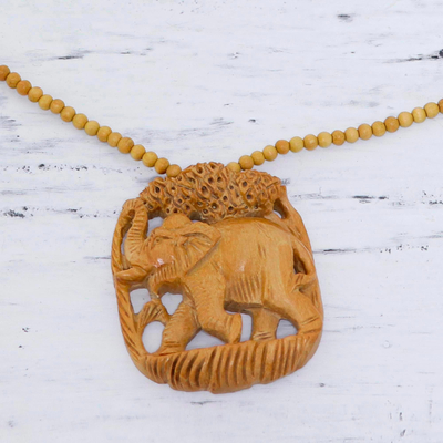 Wood pendant necklace, 'Forest Elephant' - Elephant Wood Pendant Necklace Hand Carved in India
