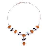 Orange onyx and labradorite Y-necklace, 'Evening Serenity' - Orange Onyx and Labradorite Sterling Silver Y-Necklace