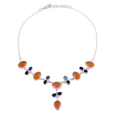 Orange onyx and labradorite Y-necklace, 'Evening Serenity' - Orange Onyx and Labradorite Sterling Silver Y-Necklace