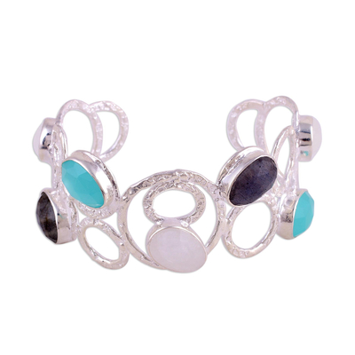 Multi-gemstone cuff bracelet, 'Magical Moonlight' - Multi-Gemstone Sterling Silver Cuff Bracelet from India