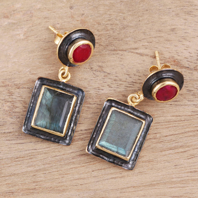 Gold accented ruby and labradorite dangle earrings, 'Graceful Gems' - Ruby and Labradorite 18k Gold Accented Dangle Earrings