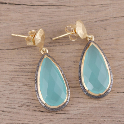 Gold plated chalcedony dangle earrings, 'Aqua Antiquity' - 18k Gold Plated Sterling Earrings with Chalcedony