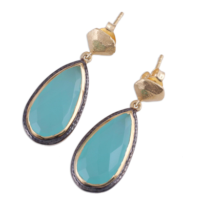 Gold plated chalcedony dangle earrings, 'Aqua Antiquity' - 18k Gold Plated Sterling Earrings with Chalcedony