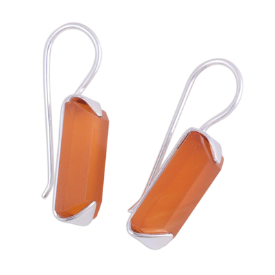 Onyx drop earrings, 'Solid State' - Minimalist Orange Onyx and Silver Drop Earrings