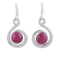 Ruby dangle earrings, 'Crimson Swirl' - Handmade Ruby and Sterling Silver Dangle Earrings from India