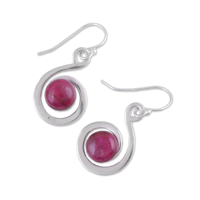 Ruby dangle earrings, 'Crimson Swirl' - Handmade Ruby and Sterling Silver Dangle Earrings from India