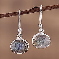 Labradorite dangle earrings, 'Dark Aurora' - Sterling Silver Hook Earrings with Labradorite Cabochons