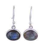 Labradorite dangle earrings, 'Dark Aurora' - Sterling Silver Hook Earrings with Labradorite Cabochons