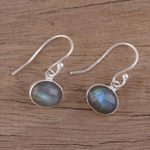 Labradorite dangle earrings, 'Dark Aurora' - Sterling Silver Hook Earrings with Labradorite Cabochons