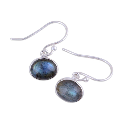 Labradorite dangle earrings, 'Dark Aurora' - Sterling Silver Hook Earrings with Labradorite Cabochons