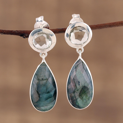Labradorite and prasiolite dangle earrings, 'Lucid Shadows' - Labradorite and Prasiolite Post Dangle Earrings