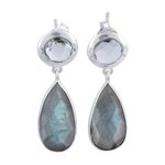 Labradorite and prasiolite dangle earrings, 'Lucid Shadows' - Labradorite and Prasiolite Post Dangle Earrings