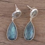Labradorite and prasiolite dangle earrings, 'Lucid Shadows' - Labradorite and Prasiolite Post Dangle Earrings