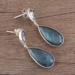 Labradorite and prasiolite dangle earrings, 'Lucid Shadows' - Labradorite and Prasiolite Post Dangle Earrings