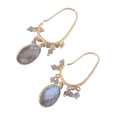 Gold plated labradorite dangle earrings, 'Regal Beauty' - Gold Plated 13 Carat Labradorite Dangle Earrings