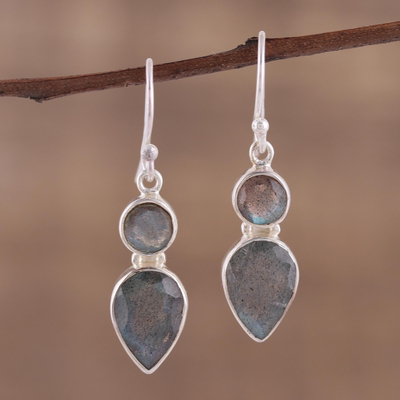 Labradorite dangle earrings, 'Dewdrop Muse' - Faceted Labradorite Gemstone and Silver Dangle Earrings