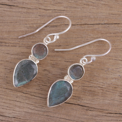 Labradorite dangle earrings, 'Dewdrop Muse' - Faceted Labradorite Gemstone and Silver Dangle Earrings