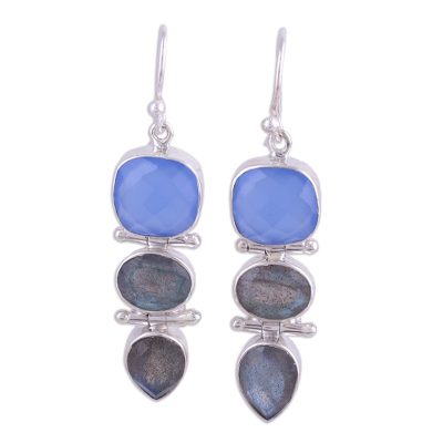 Labradorite and chalcedony dangle earrings, 'Cool Eventide' - 19 Carat Chalcedony and Labradorite Dangle Earrings