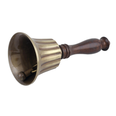 Brass and wood bell, 'Peaceful Sound' - Artisan Crafted Striped Brass and Wood Bell from India