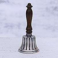 Nickel plated brass and wood bell, 'Peaceful Sound' - Striped Nickel Plated Brass and Wood Bell from India