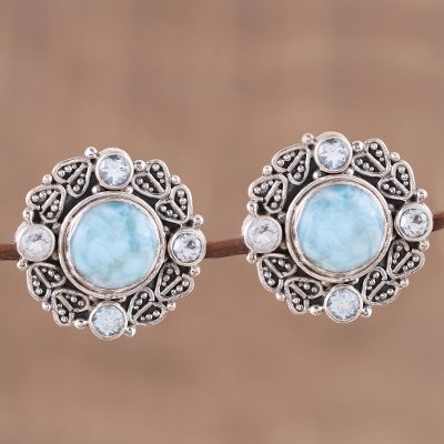 Larimar and blue topaz button earrings, 'Transcendent Sky' - Button Earrings with Larimar and Blue Topaz from India